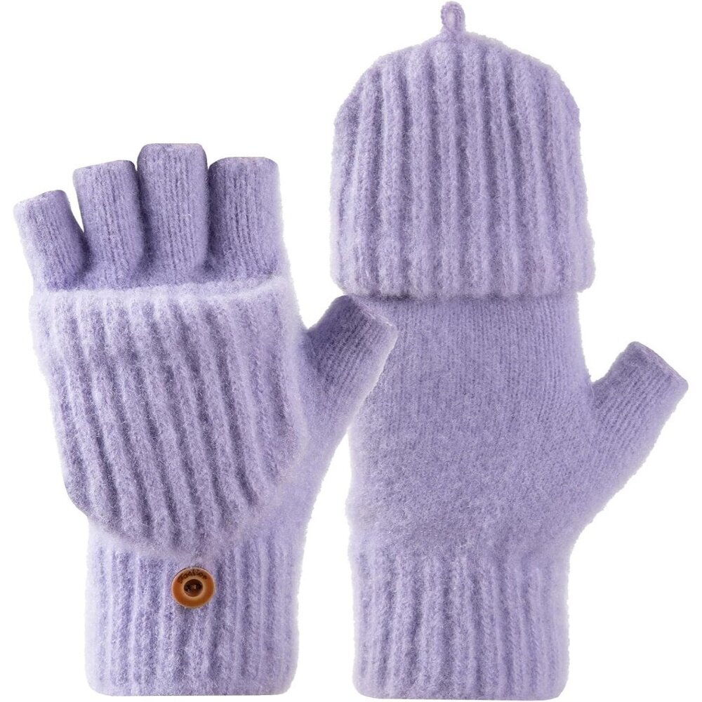 Women's Winter Warm Mittens Knitted Purple Gloves Fingerless Button Closure
